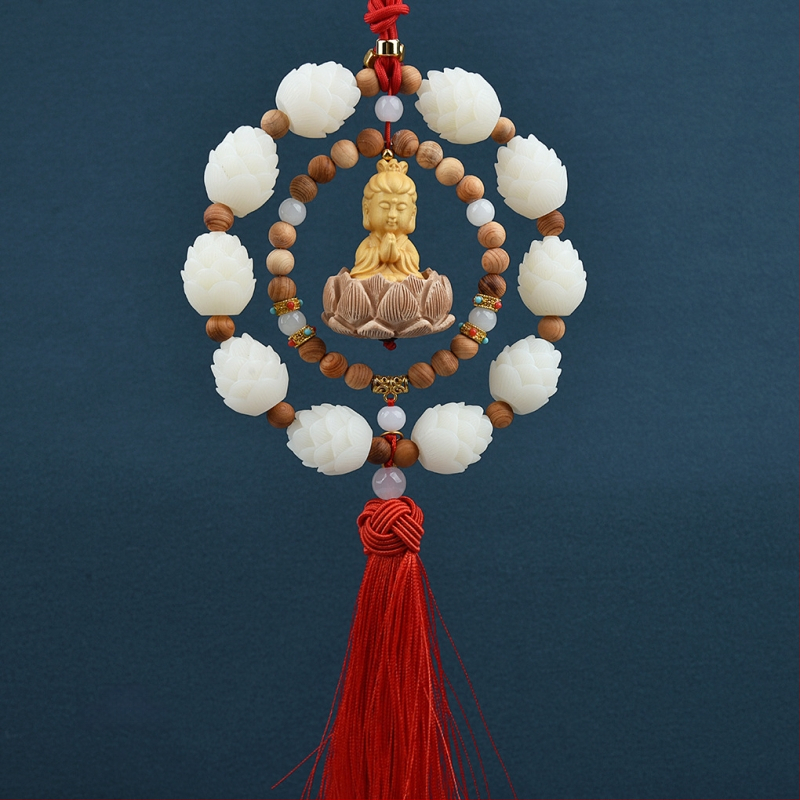 Дървен висящ декор за огледалото на автомобила, мотив Буда и лотос, дизайн с два пръстена