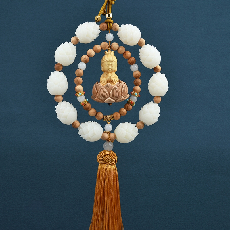 Дървен висящ декор за огледалото на автомобила, мотив Буда и лотос, дизайн с два пръстена