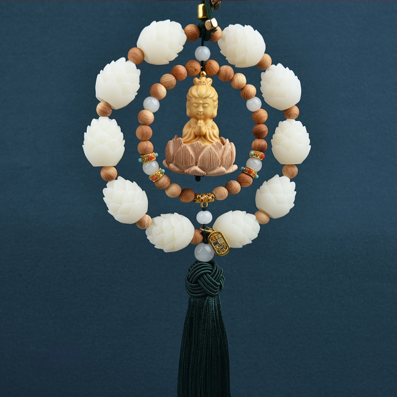 Дървен висящ декор за огледалото на автомобила, мотив Буда и лотос, дизайн с два пръстена