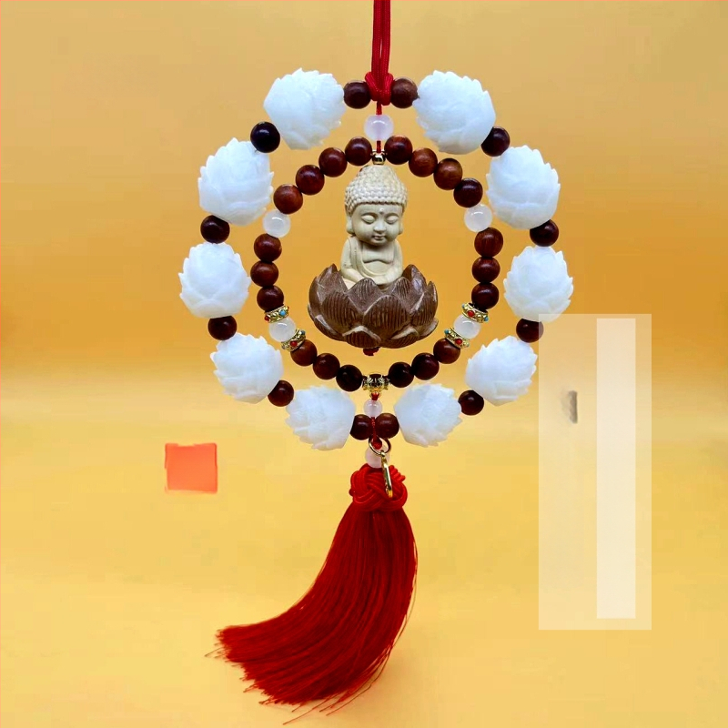 Дървен висящ декор за огледалото на автомобила, мотив Буда и лотос, дизайн с два пръстена