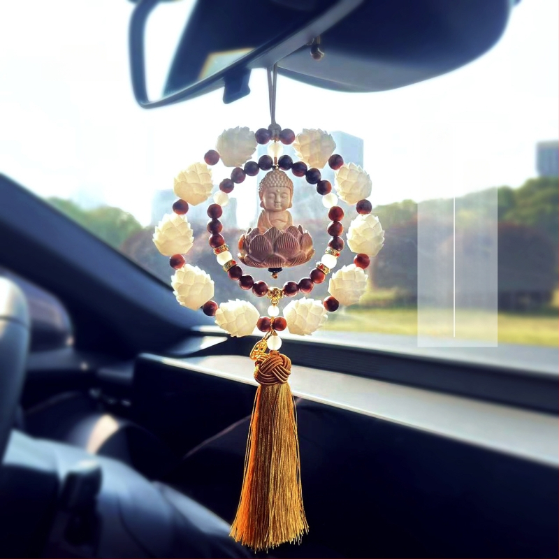 Дървен висящ декор за огледалото на автомобила, мотив Буда и лотос, дизайн с два пръстена