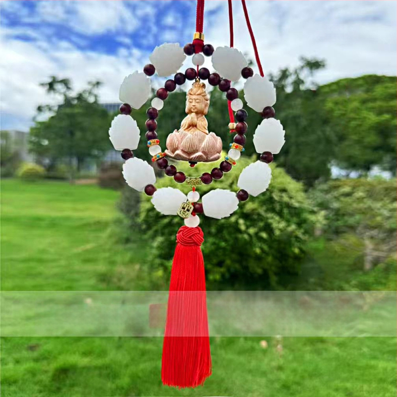 Дървен висящ декор за огледалото на автомобила, мотив Буда и лотос, дизайн с два пръстена