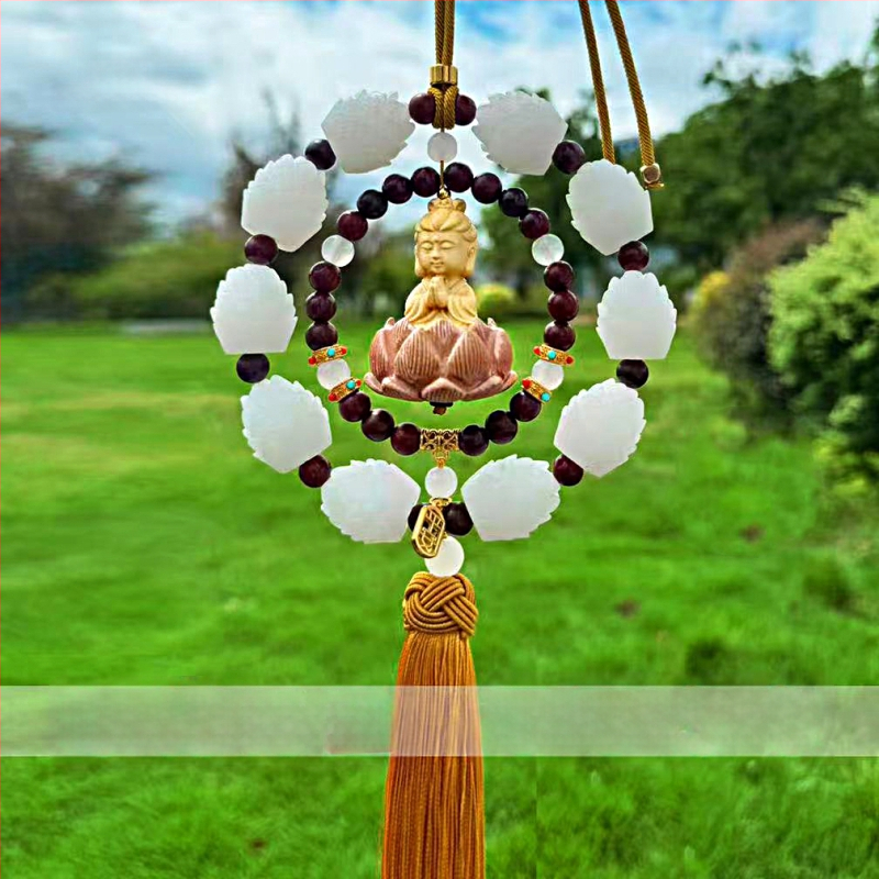 Дървен висящ декор за огледалото на автомобила, мотив Буда и лотос, дизайн с два пръстена