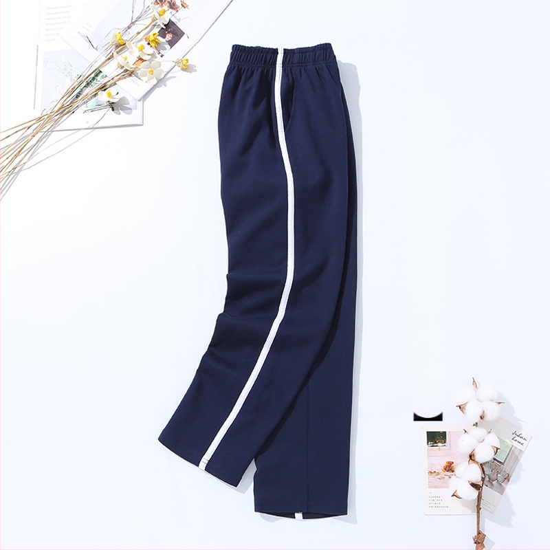 Vaikų mokyklinės kelnės su dryžiais, koledžo stiliaus, medvilnės-poliesterio mišinys, unisex, vidurio juosmens