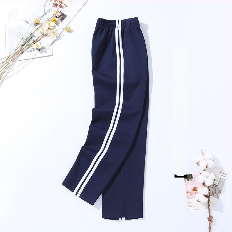 Vaikų mokyklinės kelnės su dryžiais, koledžo stiliaus, medvilnės-poliesterio mišinys, unisex, vidurio juosmens