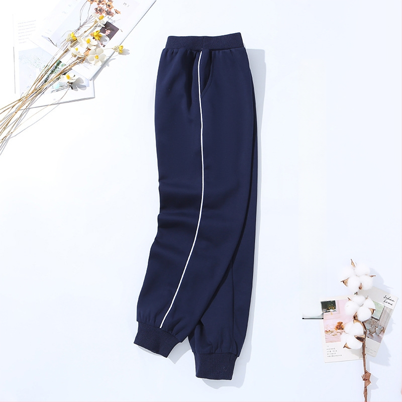 Vaikų mokyklinės kelnės su dryžiais, koledžo stiliaus, medvilnės-poliesterio mišinys, unisex, vidurio juosmens