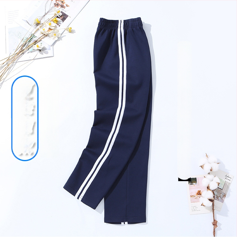 Vaikų mokyklinės kelnės su dryžiais, koledžo stiliaus, medvilnės-poliesterio mišinys, unisex, vidurio juosmens