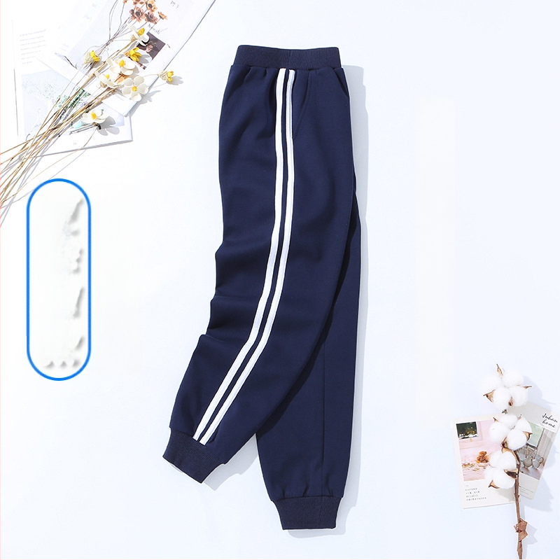 Vaikų mokyklinės kelnės su dryžiais, koledžo stiliaus, medvilnės-poliesterio mišinys, unisex, vidurio juosmens