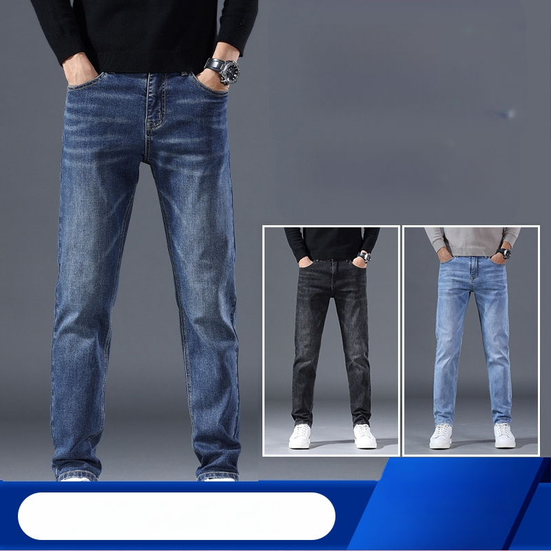 Vīriešu džinsi ar taisu piegriezumu no denima, flīsa oderē, vidējā josta, mikroelastiskums, piecu kabatu dizains