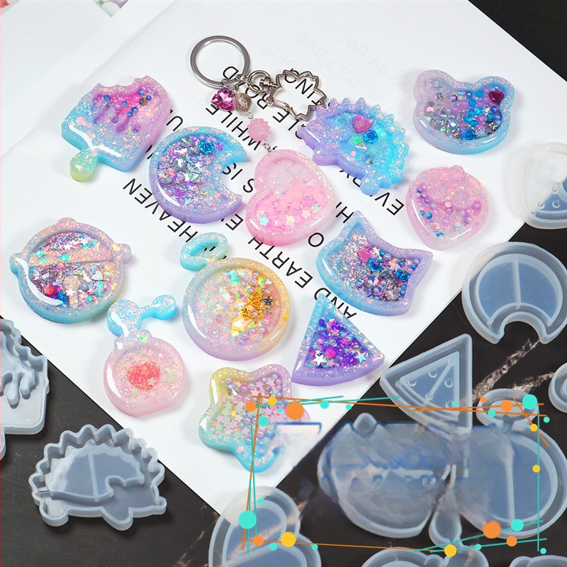 Silicone keychain mold — širdies, žvaigždės, mėnulio ir katės formos UV derva DIY papuošalams