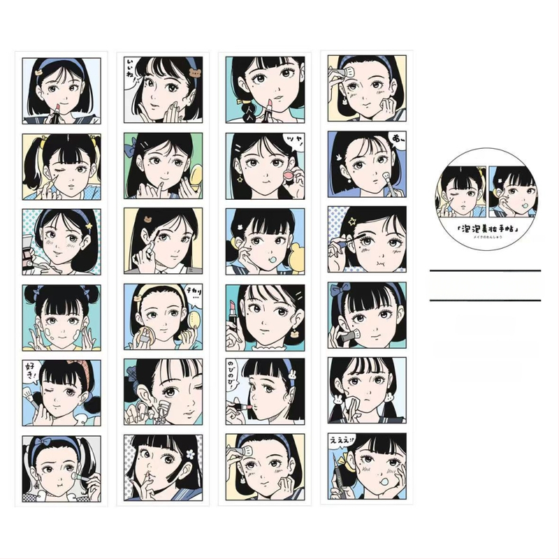 Gugu Bubble akvarelės manga stiliaus mergina mokyklinėje uniformoje – lipdukų rinkinys ir popierinės juostelės priedai, spaudos elementai, prekės kodas 2025121202