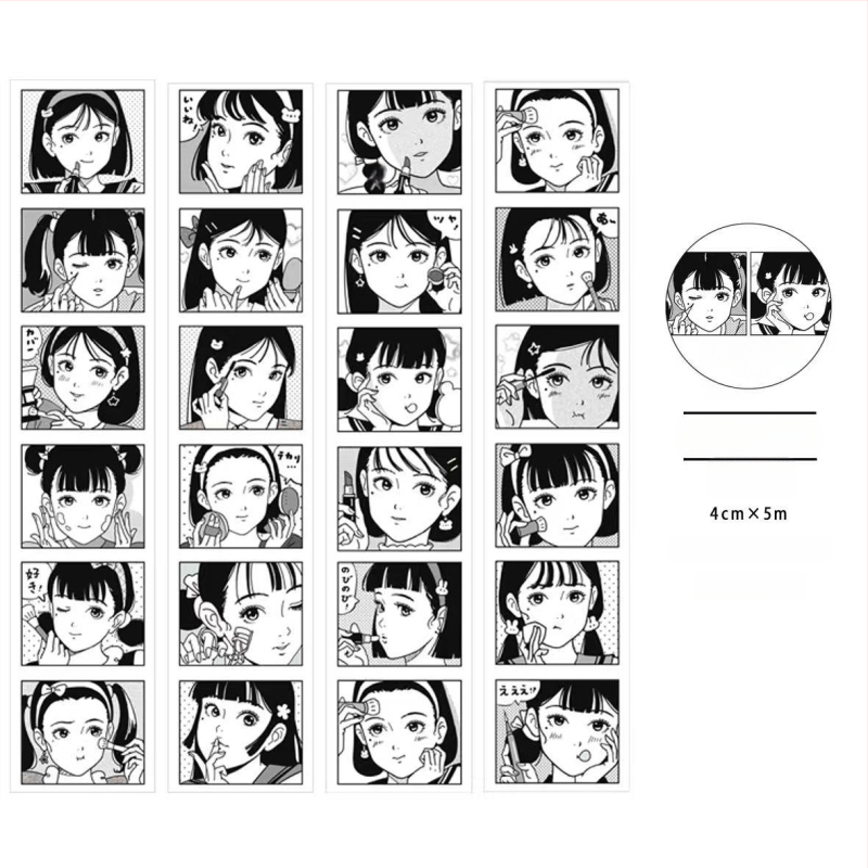 Gugu Bubble akvarelės manga stiliaus mergina mokyklinėje uniformoje – lipdukų rinkinys ir popierinės juostelės priedai, spaudos elementai, prekės kodas 2025121202