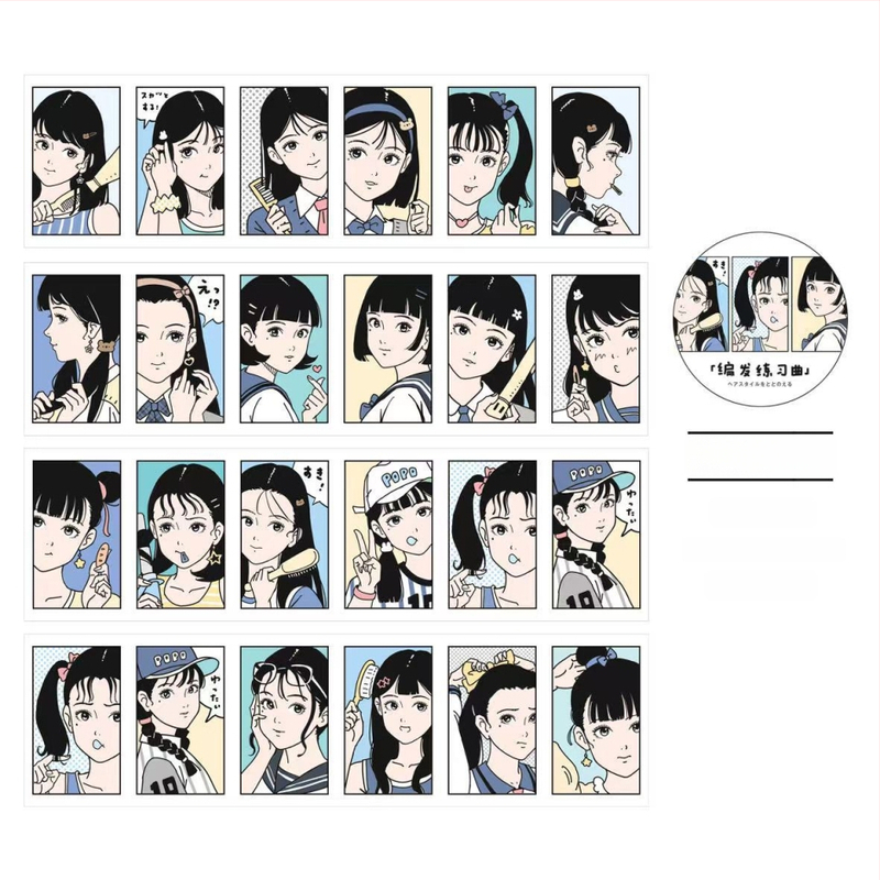 Gugu Bubble akvarelės manga stiliaus mergina mokyklinėje uniformoje – lipdukų rinkinys ir popierinės juostelės priedai, spaudos elementai, prekės kodas 2025121202