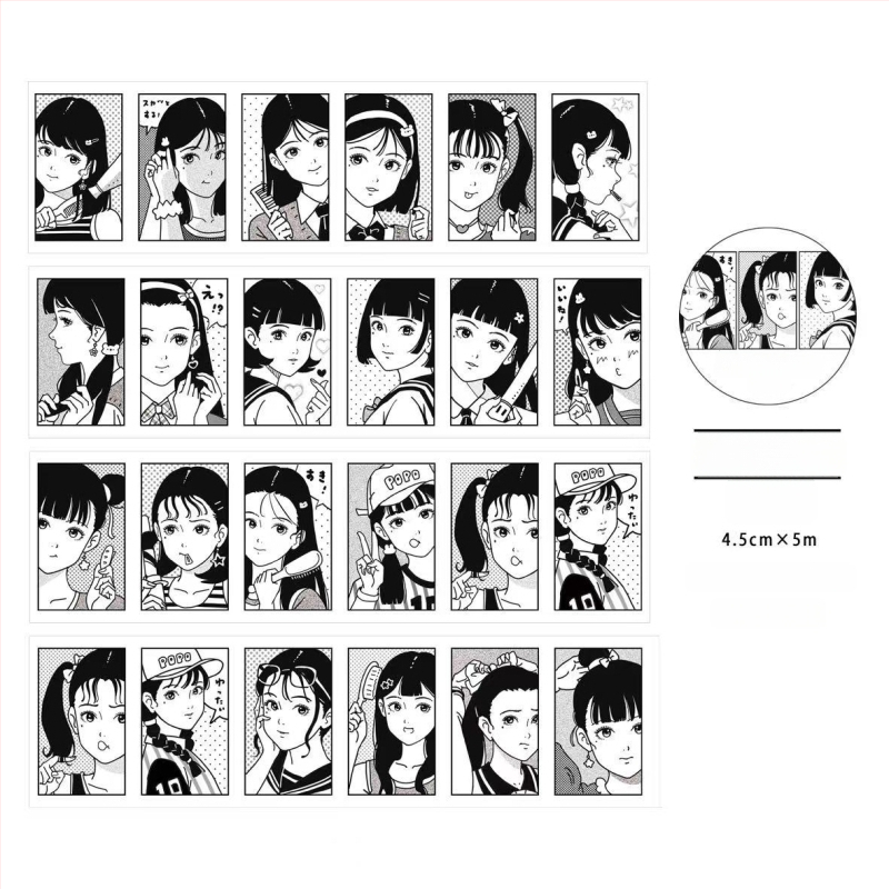 Gugu Bubble akvarelės manga stiliaus mergina mokyklinėje uniformoje – lipdukų rinkinys ir popierinės juostelės priedai, spaudos elementai, prekės kodas 2025121202