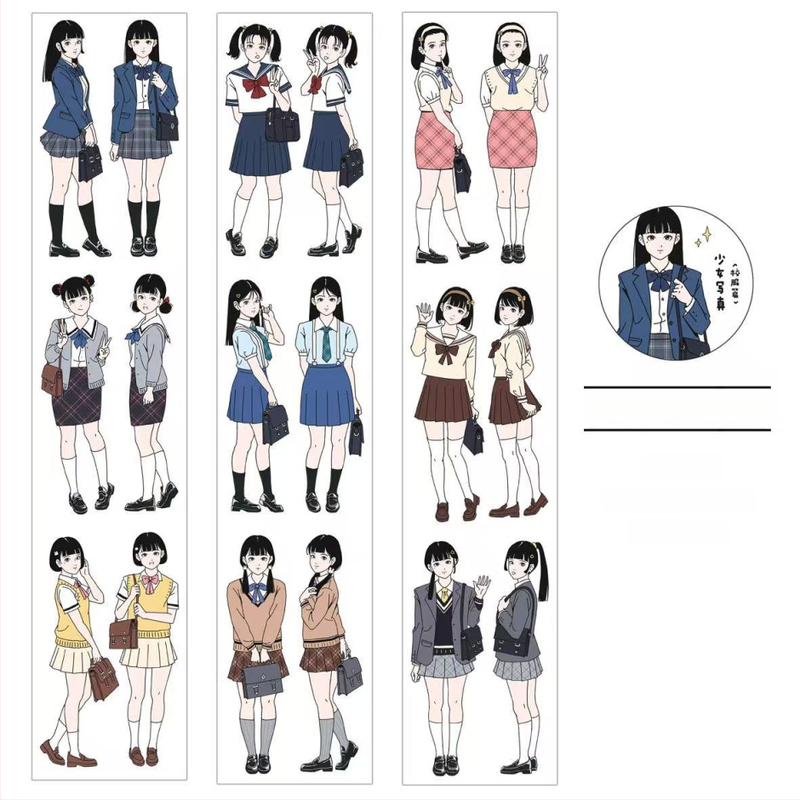 Gugu Bubble akvarelės manga stiliaus mergina mokyklinėje uniformoje – lipdukų rinkinys ir popierinės juostelės priedai, spaudos elementai, prekės kodas 2025121202