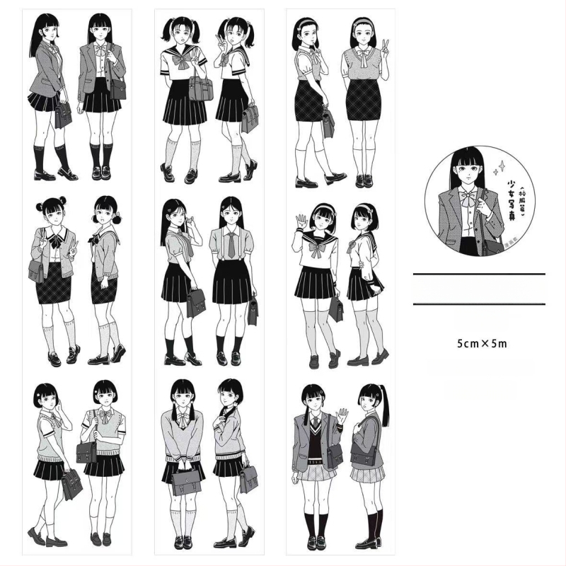 Gugu Bubble akvarelės manga stiliaus mergina mokyklinėje uniformoje – lipdukų rinkinys ir popierinės juostelės priedai, spaudos elementai, prekės kodas 2025121202