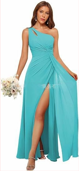 Рокля за шаферки с едно рамо, дълга пола, полиестерен плат, без ръкави, талия средна