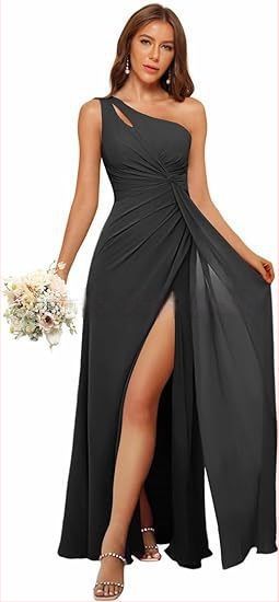 Рокля за шаферки с едно рамо, дълга пола, полиестерен плат, без ръкави, талия средна