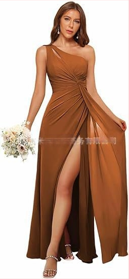 Рокля за шаферки с едно рамо, дълга пола, полиестерен плат, без ръкави, талия средна