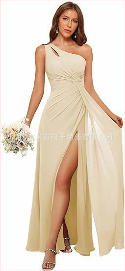 Рокля за шаферки с едно рамо, дълга пола, полиестерен плат, без ръкави, талия средна