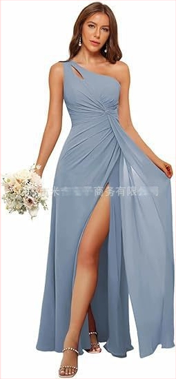 Рокля за шаферки с едно рамо, дълга пола, полиестерен плат, без ръкави, талия средна