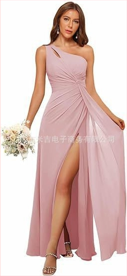 Рокля за шаферки с едно рамо, дълга пола, полиестерен плат, без ръкави, талия средна