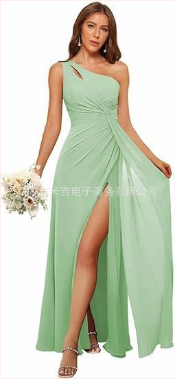 Рокля за шаферки с едно рамо, дълга пола, полиестерен плат, без ръкави, талия средна