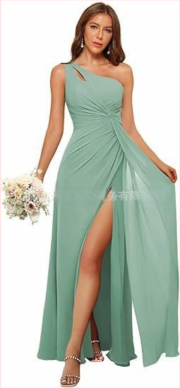 Рокля за шаферки с едно рамо, дълга пола, полиестерен плат, без ръкави, талия средна