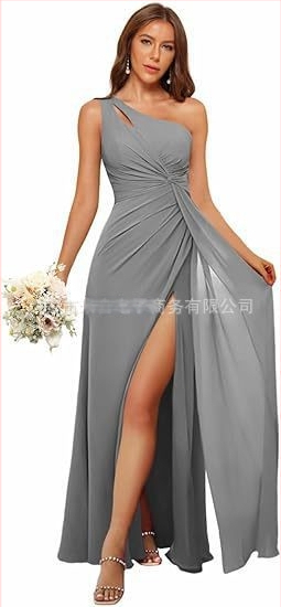 Рокля за шаферки с едно рамо, дълга пола, полиестерен плат, без ръкави, талия средна