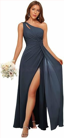 Рокля за шаферки с едно рамо, дълга пола, полиестерен плат, без ръкави, талия средна