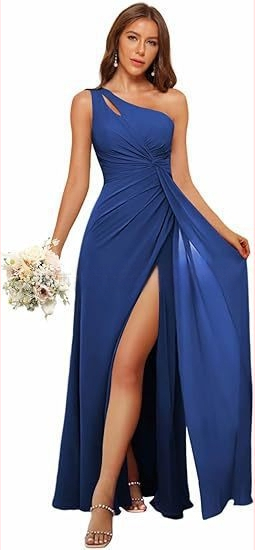 Рокля за шаферки с едно рамо, дълга пола, полиестерен плат, без ръкави, талия средна