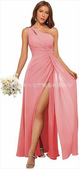 Рокля за шаферки с едно рамо, дълга пола, полиестерен плат, без ръкави, талия средна