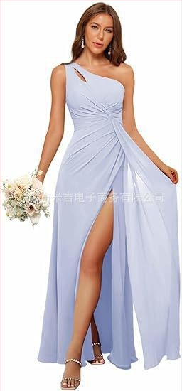 Рокля за шаферки с едно рамо, дълга пола, полиестерен плат, без ръкави, талия средна