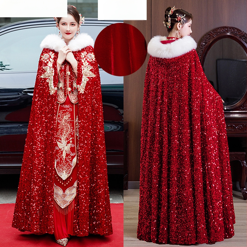 Hanfu Xiuhe skraistė su kailio apykakle, velveto audinys, twill audinys, retro stilius, kilmė Suzhou