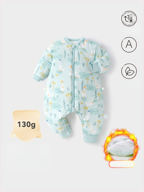 Miego krepšys kūdikiams ir mažiems vaikams, su atskirtomis kojytėmis, nuimamomis rankovėmis, 95% medvilnės audinys, cheminis pluoštas užpildas, karikatūrinis raštas, tinkamas žiemai, pavasariui ir rudeniui