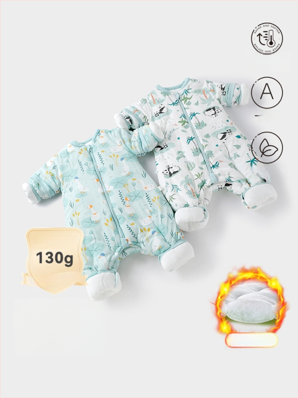 Miego krepšys kūdikiams ir mažiems vaikams, su atskirtomis kojytėmis, nuimamomis rankovėmis, 95% medvilnės audinys, cheminis pluoštas užpildas, karikatūrinis raštas, tinkamas žiemai, pavasariui ir rudeniui