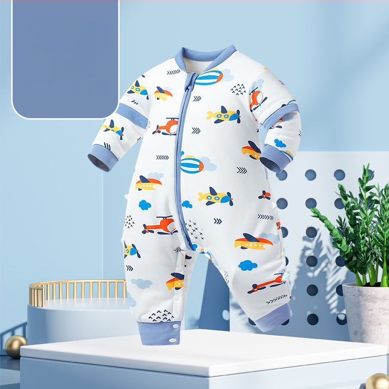 Miego krepšys kūdikiams ir mažiems vaikams, su atskirtomis kojytėmis, nuimamomis rankovėmis, 95% medvilnės audinys, cheminis pluoštas užpildas, karikatūrinis raštas, tinkamas žiemai, pavasariui ir rudeniui