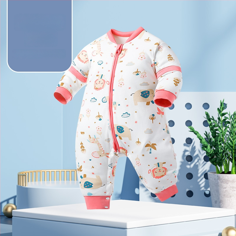 Miego krepšys kūdikiams ir mažiems vaikams, su atskirtomis kojytėmis, nuimamomis rankovėmis, 95% medvilnės audinys, cheminis pluoštas užpildas, karikatūrinis raštas, tinkamas žiemai, pavasariui ir rudeniui