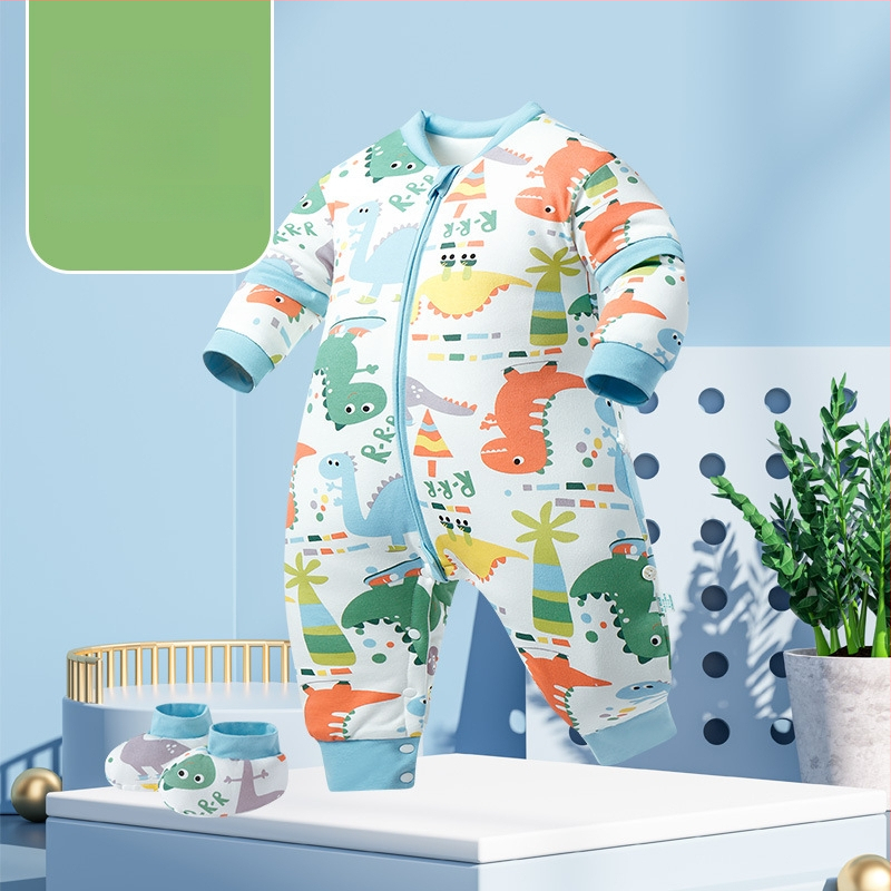 Miego krepšys kūdikiams ir mažiems vaikams, su atskirtomis kojytėmis, nuimamomis rankovėmis, 95% medvilnės audinys, cheminis pluoštas užpildas, karikatūrinis raštas, tinkamas žiemai, pavasariui ir rudeniui