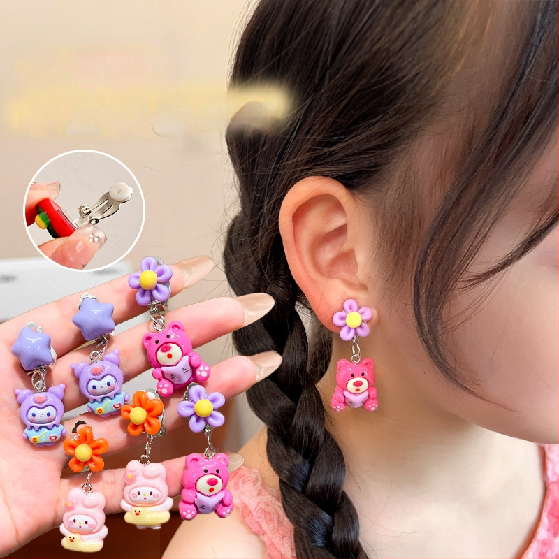 Bērnu auskari ar klipu bez caurumiem — jautrs princeses zīmējums meitenēm, pavasaris 2024