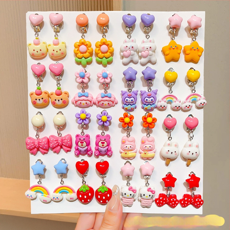 Bērnu auskari ar klipu bez caurumiem — jautrs princeses zīmējums meitenēm, pavasaris 2024