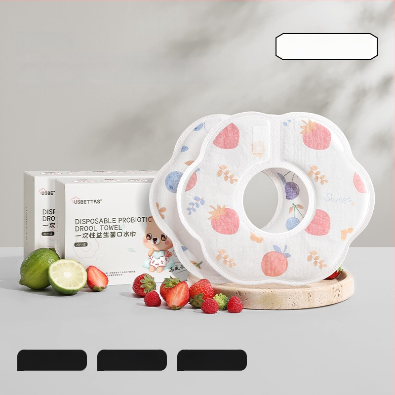 Beptide vienkartinė kūdikių bavetė – atspari vandeniui, audinys: gazė ir medvilnė, unisex, raštas piešiniai/žiedai