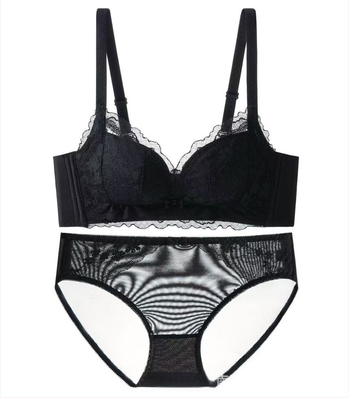 Nėrinių belaidė liemenėlė komplektas, 3/4 kaušelis, Mulberry šilko įdėklas, nugarinis trijų eilučių užsegimas