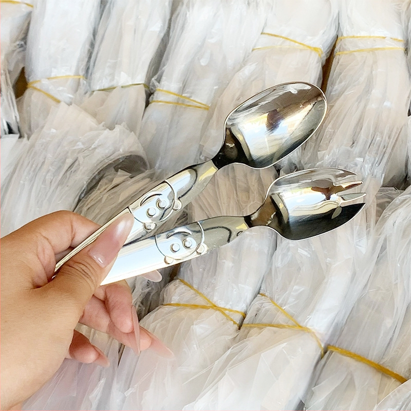 Παιδικό σετ κουτάλι και πιρούνι από ανοξείδωτο ατσάλι 304 με σχέδιο χαριτωμένης αρκούδας