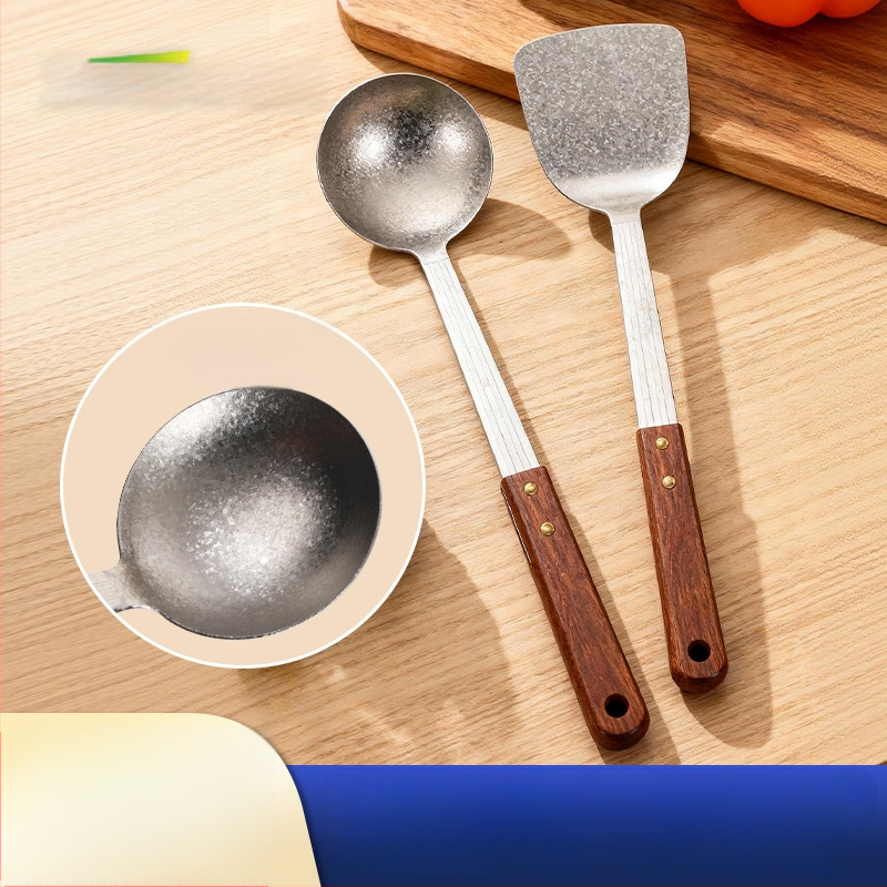 Puhast titaniumi lusikas ja spaatli komplekt roosipuu käepidemega, põletuste vastane disain, kahekohaline kerge köögitarvete komplekt