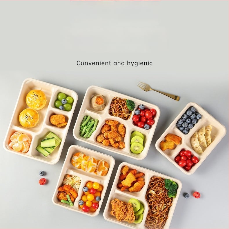 Cutie de prânz biodegradabilă, cu mai multe compartimente din pulpă de trestie de zahăr (3/4/5 compartimente), compatibilă cu cuptorul cu microunde, 25 buc./pachet