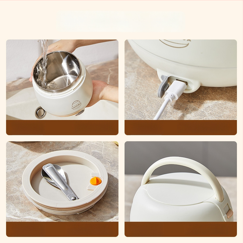 Cutie electrică pentru prânz cu încălzire fără apă, recipient interior din oțel inoxidabil 304, 20W, 220V, USB sau alimentare de mașină, păstrează caldă când este conectată