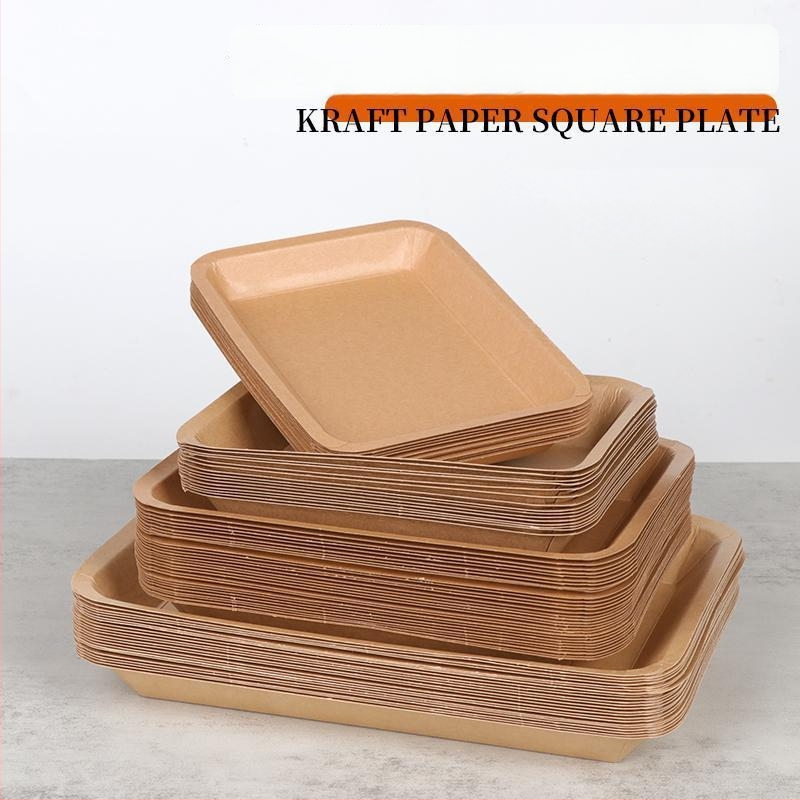 Vienkartinė kraftpopierio kvadratinė lėkštė užkandžiams, vienkartiniam naudojimui, pritaikoma, nebiodegraduojanti