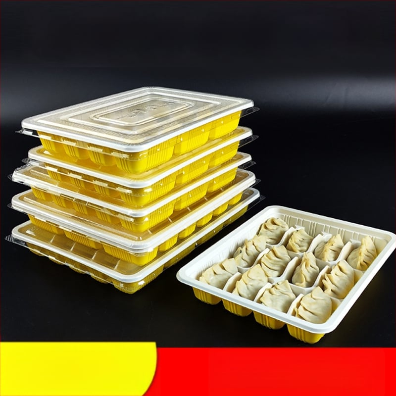 Cutie de unică folosință pentru dumplings cu capac, cutie plastic cu compartimente pentru dumplings crude și fierte (PP de calitate alimentară; nu este potrivită pentru microunde; nu este biodegradabilă)