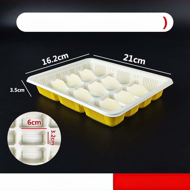 Cutie de unică folosință pentru dumplings cu capac, cutie plastic cu compartimente pentru dumplings crude și fierte (PP de calitate alimentară; nu este potrivită pentru microunde; nu este biodegradabilă)
